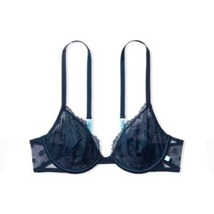 Victoria’s Secret Unlined Demi Bra Lace‎ Mesh Delicate Navy Blue Size 34B NWT